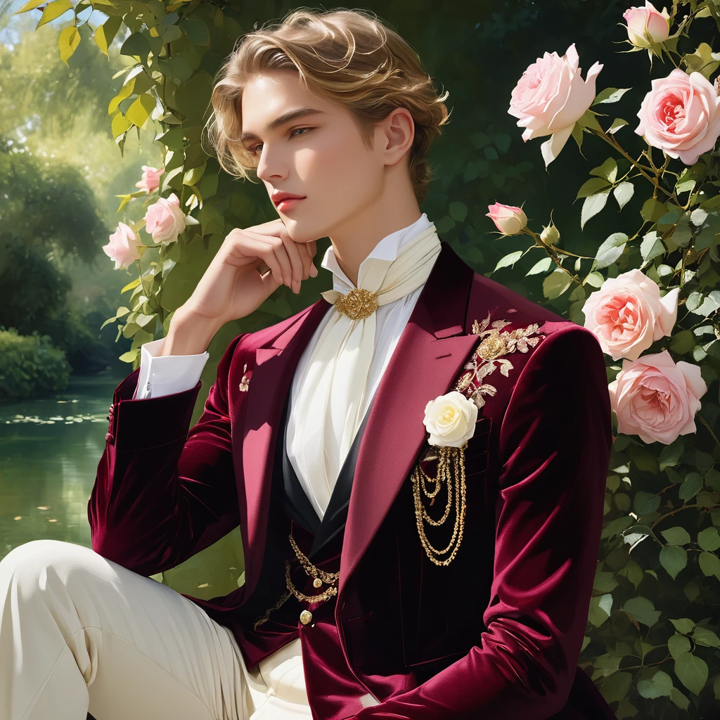 Create an image of a young man inspired by the characteristics of the rose 'The Prince.' The male model should be standing in a poised and regal posture, with one hand lightly touching his chin and the other resting by his side, evoking a sense of deep contemplation and elegance. He should be dressed in a deep, rich velvet jacket in dark red-purple or red wine, adorned with intricate embroidery and layered over a crisp white shirt, complemented by dark tailored trousers and polished black shoes. His clothing should reflect the complex, multi-petaled structure of the rose, with detailed textures and luxurious fabrics.

The composition should place the model slightly off-center, allowing for a view of a lush garden background with glossy green leaves and hints of blooming roses, creating a natural yet sophisticated setting. Soft, diffused lighting should be used to highlight the model's features and clothing, casting gentle shadows that add depth and dimension to the image. The overall atmosphere should be one of quiet intensity and refined elegance, with a subtle hint of romanticism.

The photo should be taken at eye level with a slight upward angle to emphasize the model's regal presence, using a medium-format camera like the Hasselblad H6D-100c for its exceptional detail and color accuracy. A prime lens with a wide aperture, such as the Zeiss Otus 85mm f/1.4, should be used to achieve a shallow depth of field, ensuring the model stands out sharply against the softly blurred background.

For inspiration, consider the works of photographers like Mario Testino, known for his ability to capture elegance and refinement in fashion photography, and Tim Walker, whose use of lush, dreamlike settings and intricate details would complement the theme perfectly. ((full-body image)), fashion sketching, realistic drawing, ((imperfect water color drawing background)), 