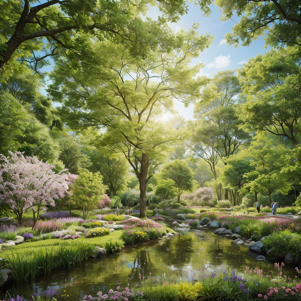 Un paysage à couper le souffle et vibrant rempli d'une variété luxuriante de plantes et de fleurs. La scène est pleine de vie et de couleurs, avec un éventail de fleurs en fleurs dans toutes les nuances imaginables, Création d'une tapisserie vibrante de rouges, roses, jaunes, violets, et le bleu. grand, Les arbres verts offrent une canopée d'ombre, tandis que la lumière du soleil filtre à travers les feuilles, Projeter une lumière tachetée sur le sol en dessous. Un ruisseau limpide serpente à travers le paysage, reflétant les couleurs brillantes des fleurs et des plantes le long de ses rives. Les oiseaux et les papillons ajoutent à la beauté de la scène, Volant gracieusement parmi les fleurs. L'ensemble du paysage est une exposition épique et magnifique de la beauté de la nature, un paradis de la flore qui est vraiment impressionnant.