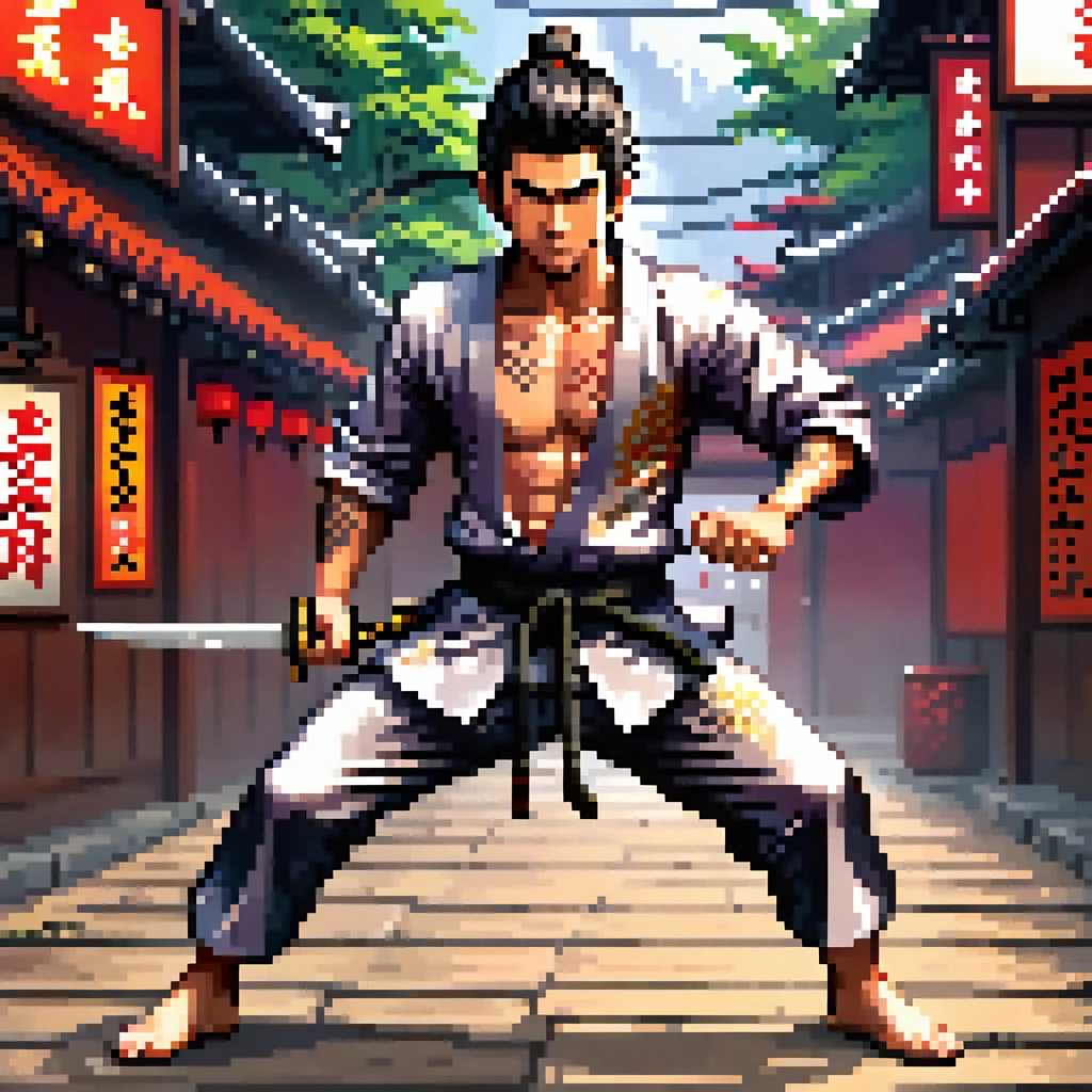 1 boy in a fighting pose, wearing a yakuza outfit, holding a knife, detailed facial features, detailed clothing, full body, sprite sheets, dynamic action, high quality, 4k, 8k, photorealistic, masterpiece, highly detailed, vivid colors, dramatic lighting, cinematic