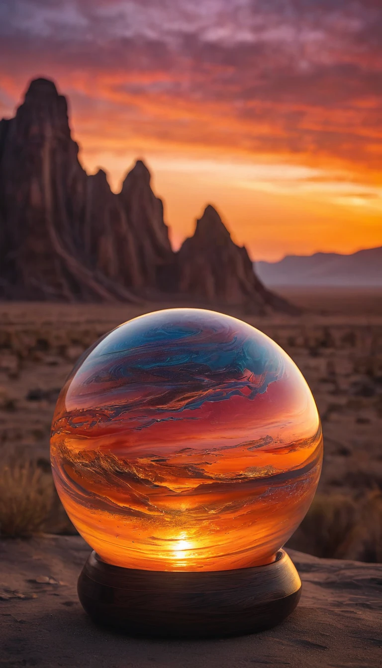 a magnificent sunset on a strange and mysterious alien glass sphere style planete. It's very textured and detailed with dreaming lot of whirlwind and dreaming dust