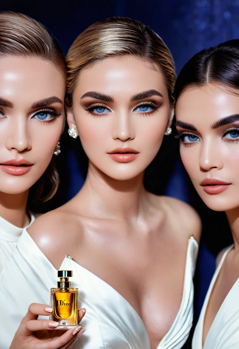 Three beautiful and elegant women looking at the camera, advertisement for the Dior perfume