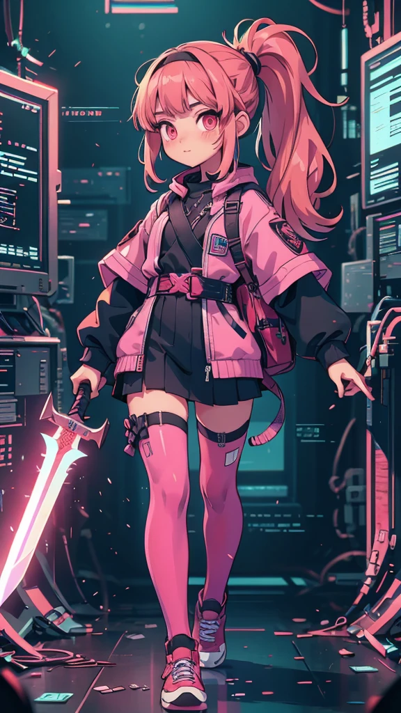 (close-up:1.1) illustration of woman,  (looking at viewer:1.3) BREAK (wearing a pink outfit including a headband. The character is holding a shuriken in one hand and has a sword strapped to her back.top tights:1.2) BREAK (a black ponytail and bangs), BREAK (in giant gate:1.3) BREAK dark theme, malware glitch, malwaretech