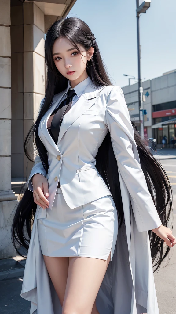 woman, กระโปรงสั้นwhite, คลุมเสื้อsuitwhite, skirt only, (สาวสวยTwo meter long hair, my hair is very long., extra long hair, long black hair), (suitสไตล์อิตาลี, suitสองปุ่ม), (Italian suit, white suit, Set of two buttons), (ใส่suitwoman, Business woman&#39;suit, white), (suitwomanwhite), (เสื้อเชิ้ตwhite), necktie, (necktieสั้นสีดำ, necktieสีดำ, necktieผอม, ถักnecktie), (military rank insignia), (Short pencil skirtwhite), (Dynamic posts), full body, (A gigantic rift), (big breasts, thin body, small waist, hips raised, small thighs, Long legs), high-heelsสีดำ, (Short pencil skirt, white), Wearing a suit for a business woman, (Wearing a white businessuit, suitนักธุรกิจหญิงwhite), (tight, military regalia, เสื้อwhite, กระโปรงwhite), (black shoes), (Two gold suit buttons, Two meter long hair, suitเข้ารูป, เสื้อsuitwhiteทรงธรรมดารัดรูป), (black shoes, high-heels), (stand, walk, elegant gesture, Dynamic posts), short dress, earring, garden, monument