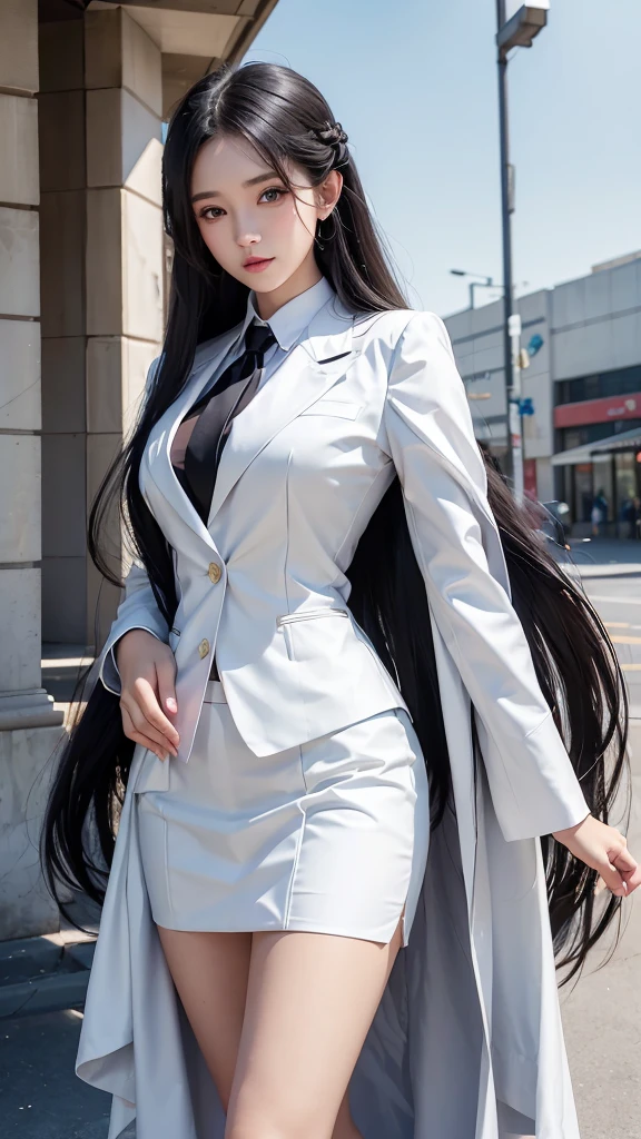 woman, กระโปรงสั้นwhite, คลุมเสื้อsuitwhite, skirt only, (สาวสวยTwo meter long hair, my hair is very long., extra long hair, long black hair), (suitสไตล์อิตาลี, suitสองปุ่ม), (Italian suit, white suit, Set of two buttons), (ใส่suitwoman, Business woman&#39;suit, white), (suitwomanwhite), (เสื้อเชิ้ตwhite), necktie, (necktieสั้นสีดำ, necktieสีดำ, necktieผอม, ถักnecktie), (military rank insignia), (Short pencil skirtwhite), (Dynamic posts), full body, (A gigantic rift), (big breasts, thin body, small waist, hips raised, small thighs, Long legs), high-heelsสีดำ, (Short pencil skirt, white), Wearing a suit for a business woman, (Wearing a white businessuit, suitนักธุรกิจหญิงwhite), (tight, military regalia, เสื้อwhite, กระโปรงwhite), (black shoes), (Two gold suit buttons, Two meter long hair, suitเข้ารูป, เสื้อsuitwhiteทรงธรรมดารัดรูป), (black shoes, high-heels), (stand, walk, elegant gesture, Dynamic posts), short dress, earring, garden, monument