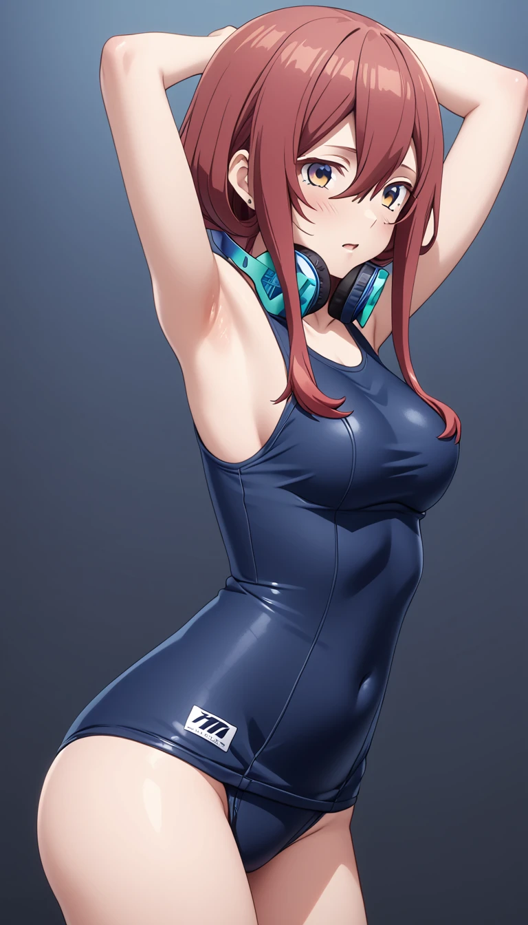 (Highest quality、Masterpiece、Very detailed、4K)、One Woman、17 years old、Brown Hair、short hair、(((Nakano Miku)))、headphone、chest、arm、(Beautiful armpits)、(Beautiful thighs)、(School Swimsuit)