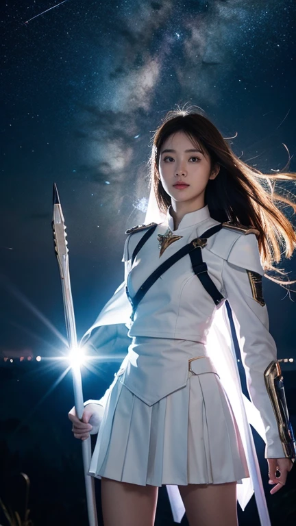 White combat uniform、skirt、Goddess of War、Staff、High resolution、Unknown powers、thunder、Wind、inflammation、muscle、Planetary alignment、Starry Sky、Blue light、Laser beam、God&#39;s Weapon、Diffuse reflection of light、Cyber Valkyrie