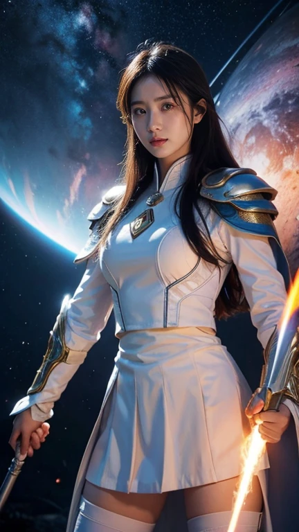 White combat uniform、skirt、Goddess of War、Staff、High resolution、Unknown powers、thunder、Wind、inflammation、muscle、Planetary alignment、Starry Sky、Blue light、Laser beam、God&#39;s Weapon、Diffuse reflection of light、Cyber Valkyrie