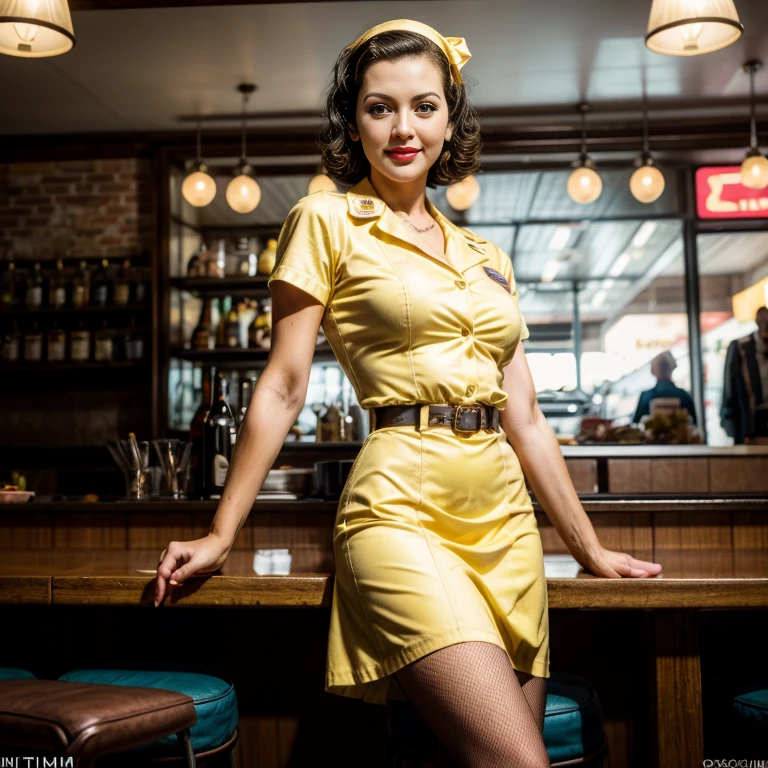 Retro Cam. Leslie Lawson Twiggy, restaurante, waitress uniform, yellow, pin-up, vintage dress, 22 years old, perfect body, 40's, perspective, half body detail, sharp focus, light mix, detail, 50's, (high skin detail: 1,2), 8k hd, Wallpaper, DSLR, Luz outfit, high quality, Fujifilm XT3 Grainy Films.