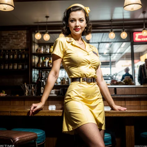 retro cam. leslie lawson twiggy, restaurante, waitress uniform, yellow, pin-up, vintage dress, 22 years old, perfect body, 40's,...