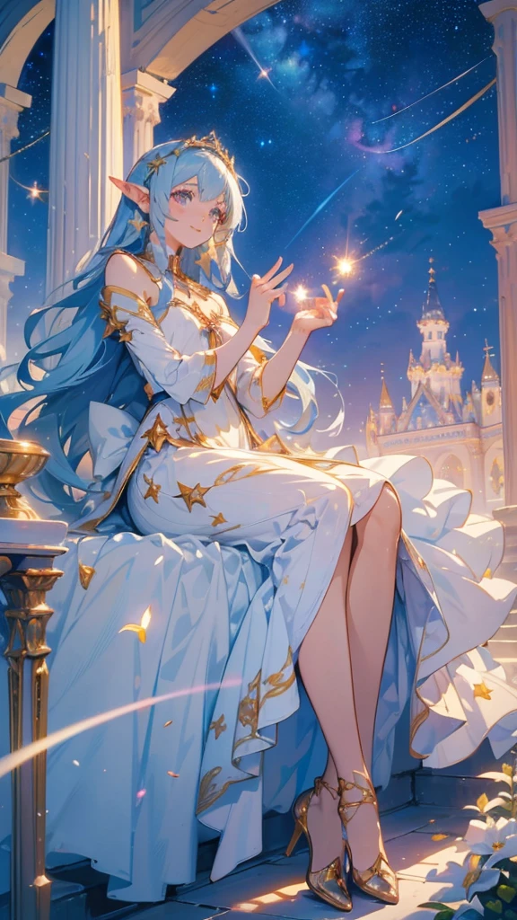 top-quality、Top image quality、​masterpiece、Super beautiful fairy girl((24 year old、Best Bust、big bast、Bust 90,beautiful blue ironed long hair、A slender、a closeup、Esbian、beautiful tiara、hiquality、Beautiful Art、Background with((starrysky)))masutepiece、visualart、depth of fields、low angle of morning sky、、Elven ears、、light magic、cosmoid night、harp melody🎵、Happy smile、Gentle light、、Beautiful and skin-friendly breasts、beautiful foot、、、Number of fingers with accurate finger movements、ticker beautiful dress、elegent、Mystical　　Field under the flower garden、Marble pillars bring light to the beautiful dressery world！prayer of hope🙏、