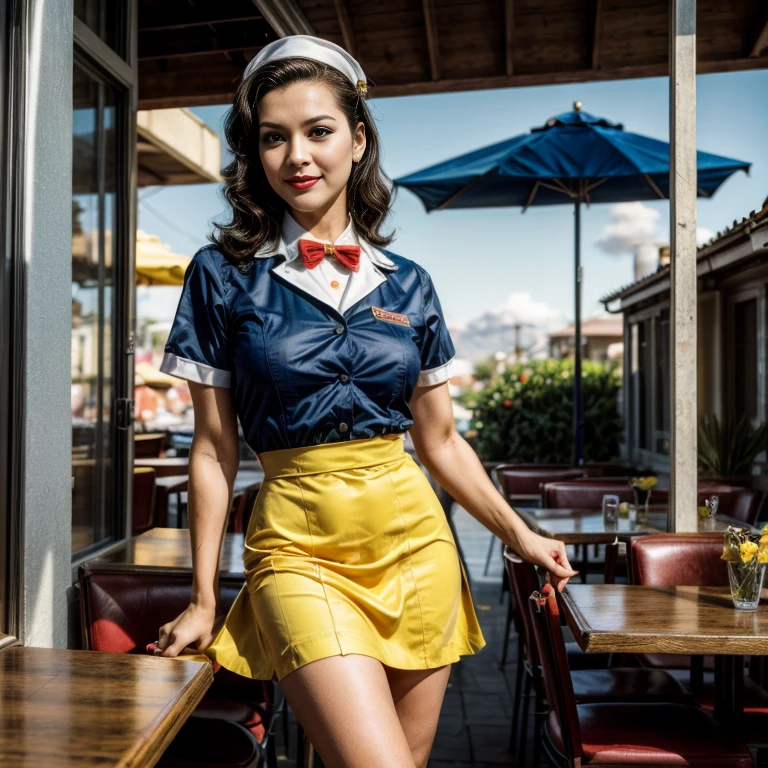 Retro Cam. Leslie Lawson Twiggy, restaurante, waitress uniform, yellow, pin-up, vintage dress, 22 years old, perfect body, 40's, perspective, half body detail, sharp focus, light mix, detail, 50's, (high skin detail: 1,2), 8k hd, Wallpaper, DSLR, Luz outfit, high quality, Fujifilm XT3 Grainy Films.