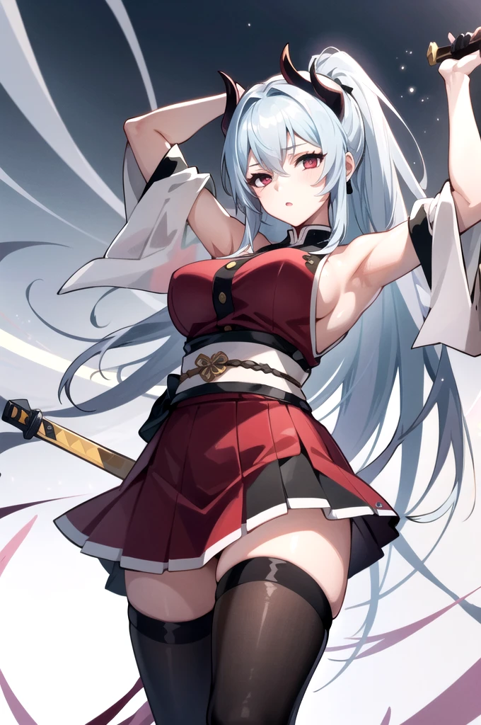  One girl in Demon Slayer uniform、mini skirt,  alone, hair ornaments, arms, sword, Silver Hair, Multicolored Hair, Red eyes, Gray Hair, kimono, Gradient Hair, Haori, belt, knife, Long Hair、（Large Breasts、Big Breasts、Soft thighs、Big 、I can see your boobs）（long hair to the waist）