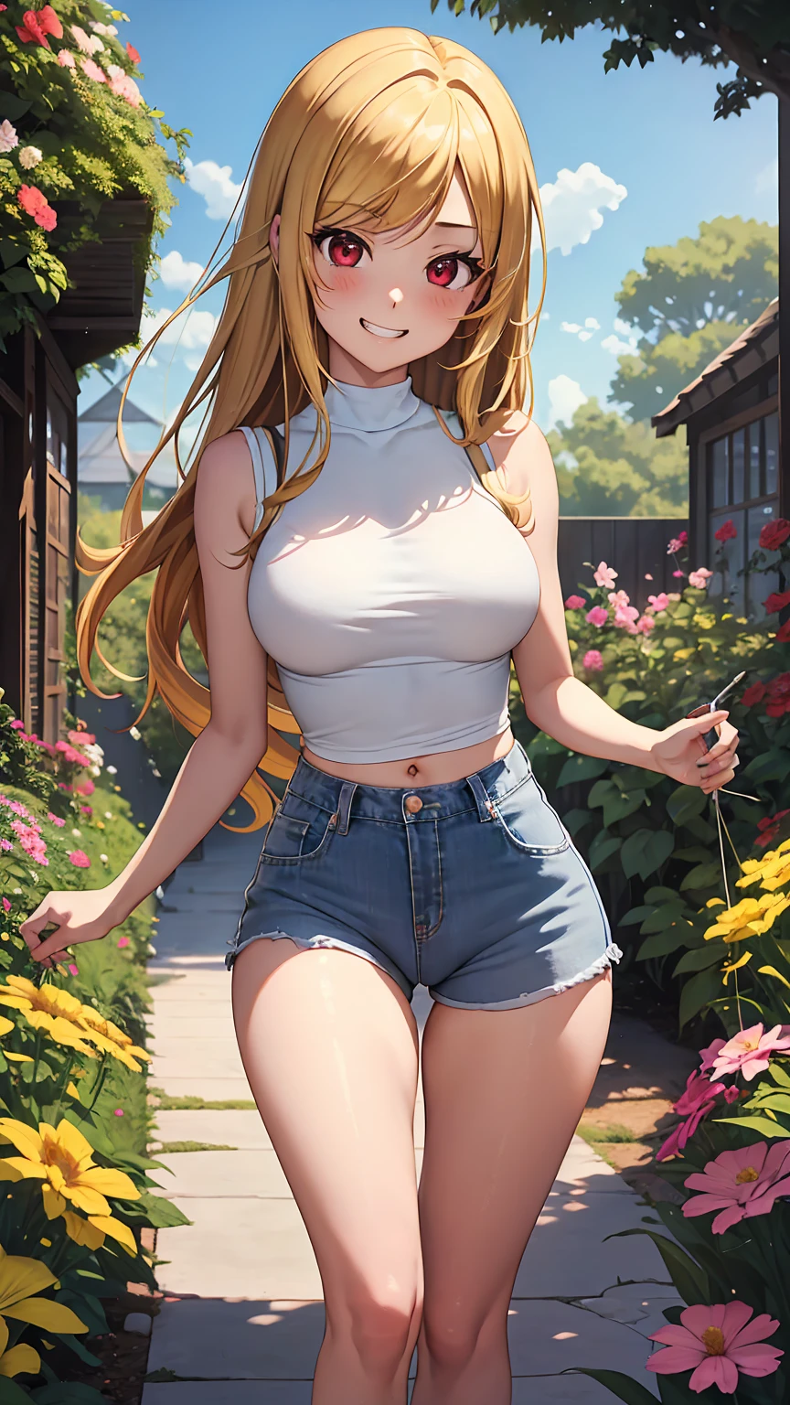 1girl, anime girl, anime, brunette, 2d girl, 16y, (fullbody), standing, anime girl, red eyes, grin, (long hair, blonde hair), casual shirt, Solo, Slim, Large Breasts, sfw, Tight Shorts, low waist shorts, upshorts, the garden background, flowers, afternoon sky, looking at viewer, darker shadows, (((explicit))), (((shorts))), (((absurdres))), (((thigh gap))), cameltoe, (((cameltoe))), (((cleft of venus))), (((sleeveless))),