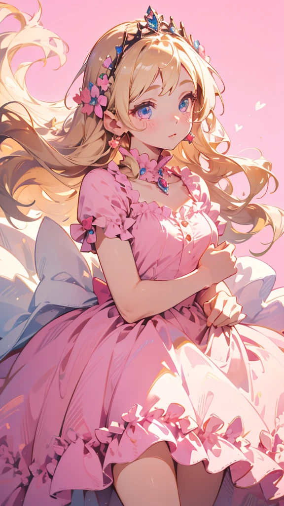 best quality, super fine, 16k, incredibly absurdres, extremely detailed, beautiful cute woman, shy, big shining eyes, blonde two-sided princess hairstyle, and a princess-like pink frilly long flared skirt dress, simple color background