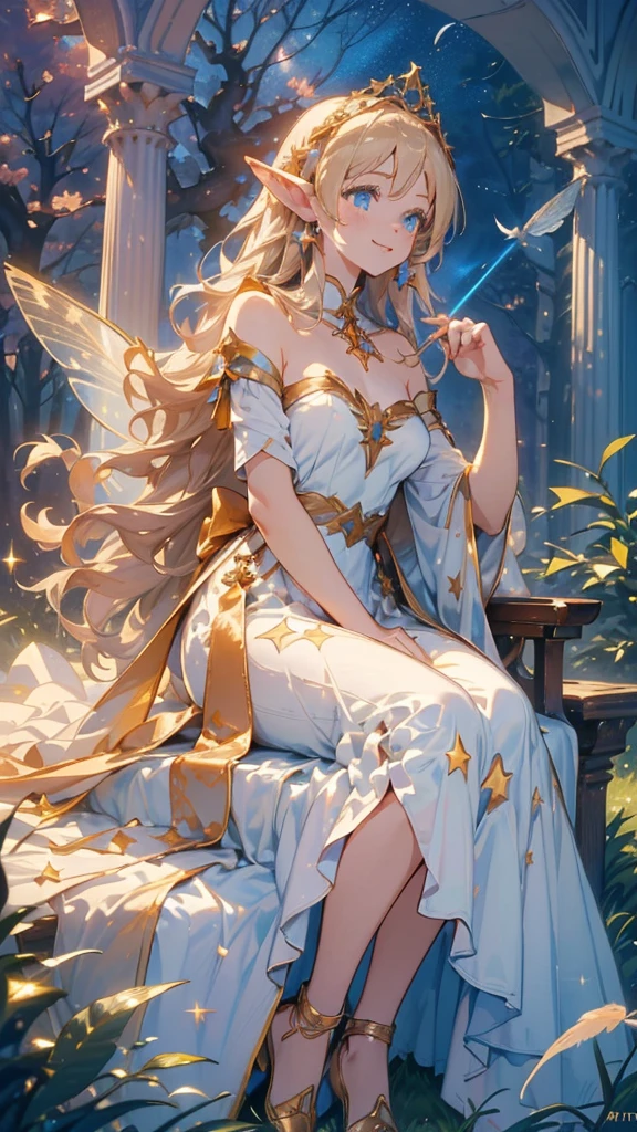 top-quality、Top image quality、​masterpiece、The season is autumn、girl with((20yr old、Best Bust、big bast、Bust 90,Beautiful blue eyes、,Blonde long hair、A slender、Fairy feathers、In beautiful dresses of various colors、a closeup、sitting on、Magic cane、Gold ring on wrist、beautiful tiara、hiquality、Beautiful Art、Background with((starrysky)))masutepiece、visualart、depth of fields、sky at night、、　、low angles、A sexy、Elven ears、Feathers glow in iridescent colors、light magic、in beautiful woods、Big treeid night、Flute melodies🎵、Fun Concerts、Happy smile、Gentle light、Magic Palace