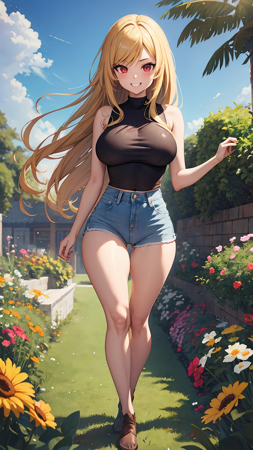 1girl, anime girl, anime, brunette, 2d girl, 16y, (fullbody), standing, anime girl, red eyes, grin, (long hair, blonde hair), casual shirt, Solo, Slim, Large Breasts, sfw, Tight Shorts, low waist shorts, upshorts, the garden background, flowers, afternoon sky, looking at viewer, darker shadows, (((explicit))), (((shorts))), (((absurdres))), (((thigh gap))), cameltoe, (((cameltoe))), (((cleft of venus))), (((sleeveless))),