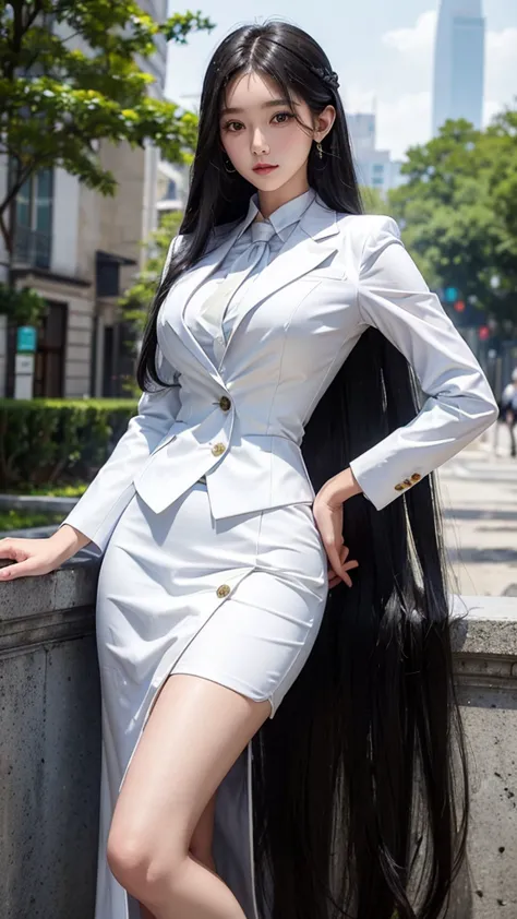 woman, กระโปรงสั้นwhite, คลุมเสื้อsuitwhite, skirt only, (สาวสวยtwo meter long hair, my hair is very long., extra long hair, lon...