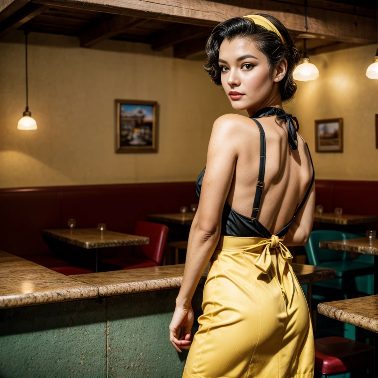 Retro Cam. Veruschka, restaurante, waitress uniform, yellow, pin-up, vintage dress, 22 years old, perfect body, 40's, perspective, half body detail, sharp focus, light mix, detail, 50's, (high skin detail: 1,2), 8k hd, Wallpaper, DSLR, Luz outfit, high quality, Fujifilm XT3 Grainy Films.