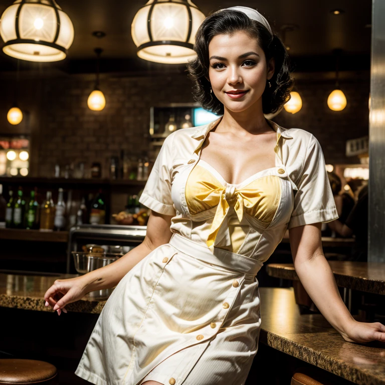 Retro Cam. Linda Morand, restaurante, waitress uniform, yellow, pin-up, vintage dress, 22 years old, perfect body, 40's, perspective, half body detail, sharp focus, light mix, detail, 50's, (high skin detail: 1,2), 8k hd, Wallpaper, DSLR, Luz outfit, high quality, Fujifilm XT3 Grainy Films.