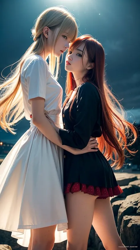 (natural strawberry blonde and redhead girls with pretty faces), cute pose, wearing a button dress, atmospheric, dark atmosphere...