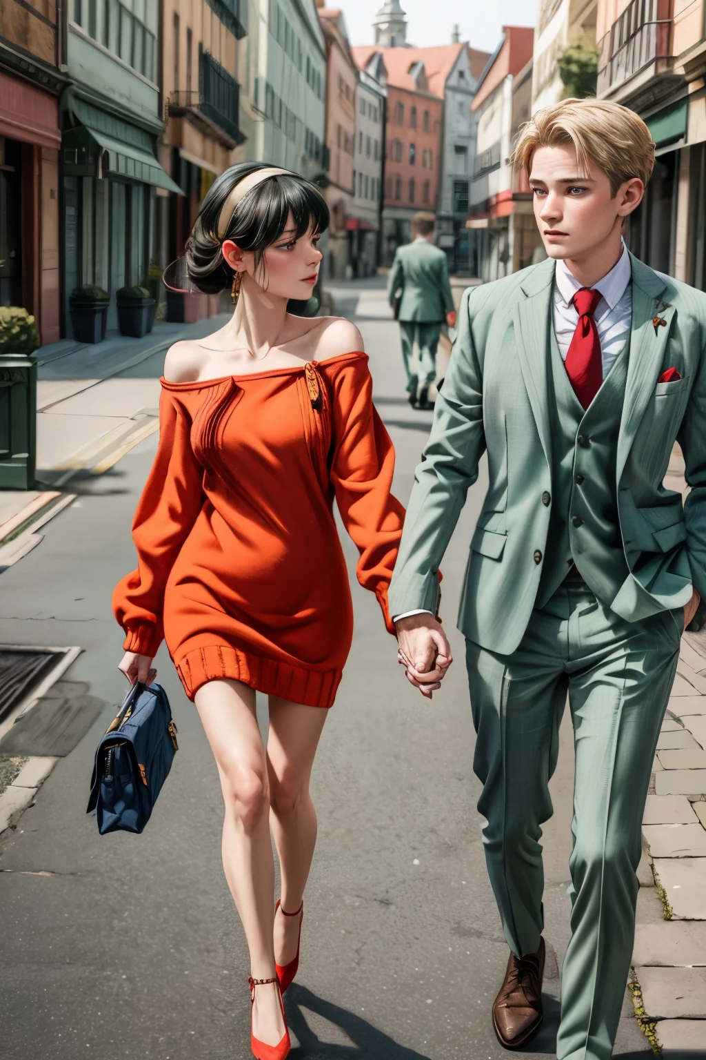 (masterpiece, best quality:1.2), high resolution, intricate details, extremely detailed, realistic and sharp details, couple, hetero, (1girl, hairband, off shoulder red sweater minidress), (1boy wearing light green business suit), (couple walking hand in hand:1.3), photo background, outdoors, 