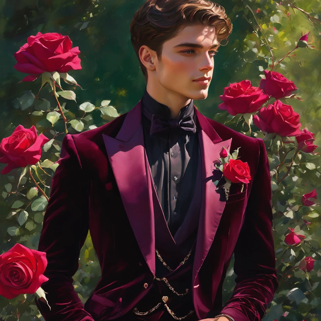 Create an image of a young man inspired by the characteristics of the rose 'The Prince.' The male model, prince eyes, sweet smile, standing in a poised and regal posture, with hand lightly resting by his side, evokes a sense of deep contemplation and elegance. He is dressed in a deep, rich velvet jacket in dark purple-red or red wine, adorned with intricate embroidery and layered over a crisp black shirt, complemented by dark tailored trousers and polished black shoes. His clothing reflects the complex, multi-petaled structure of the rose, with detailed textures and luxurious fabrics.
The composition places the model slightly off-center, allowing for a view of a lush green house garden background with glossy green leaves and hints of blooming red roses, creating a natural yet sophisticated setting. Soft, diffused lighting highlights the model's features and clothing, casting gentle shadows that add depth and dimension to the image. The overall atmosphere is one of quiet intensity and refined elegance, with a subtle hint of romanticism.
 Captured in a low angle, ((full-body image)), fashion sketching, realistic drawing, ((imperfect water color drawing background)), fashion look book, fashion illustrator, fashion sketch design, gay, gay couple, The Prince rose, a variety by David Austin, is known for its deep crimson color. 