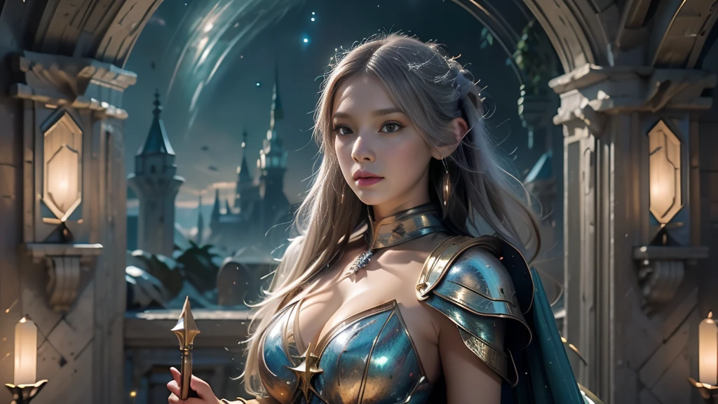 masterpiece, rest, best quality, Very detailed, Super real, 16K, high resolution, castle，jungle, ((Starry Sky)),Female Mage，Gorgeous armor，Complex Mode，Large Breasts，Pretty Face，Closed mouth，dramatic，Half-length photo，Glowing scepter