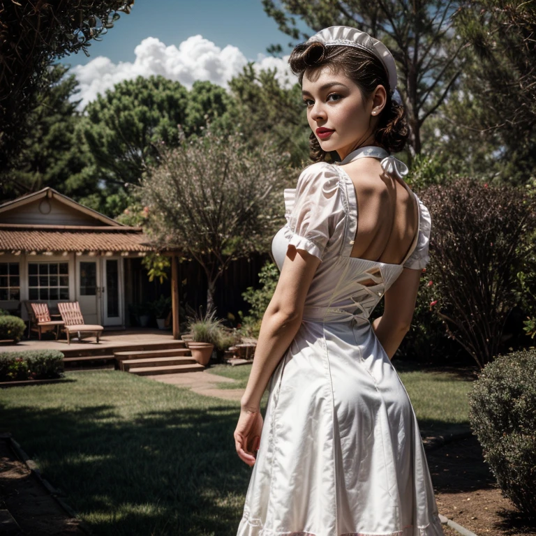 Retro Cam. Jean Patchett, Back Yard, maid uniform, pin-up, vintage dress, 22 years old, perfect body, 40's, perspective, half body detail, sharp focus, light mix, detail, 50's, (high skin detail: 1,2), 8k hd, Wallpaper, DSLR, Luz outfit, high quality, Fujifilm XT3 Grainy Films.