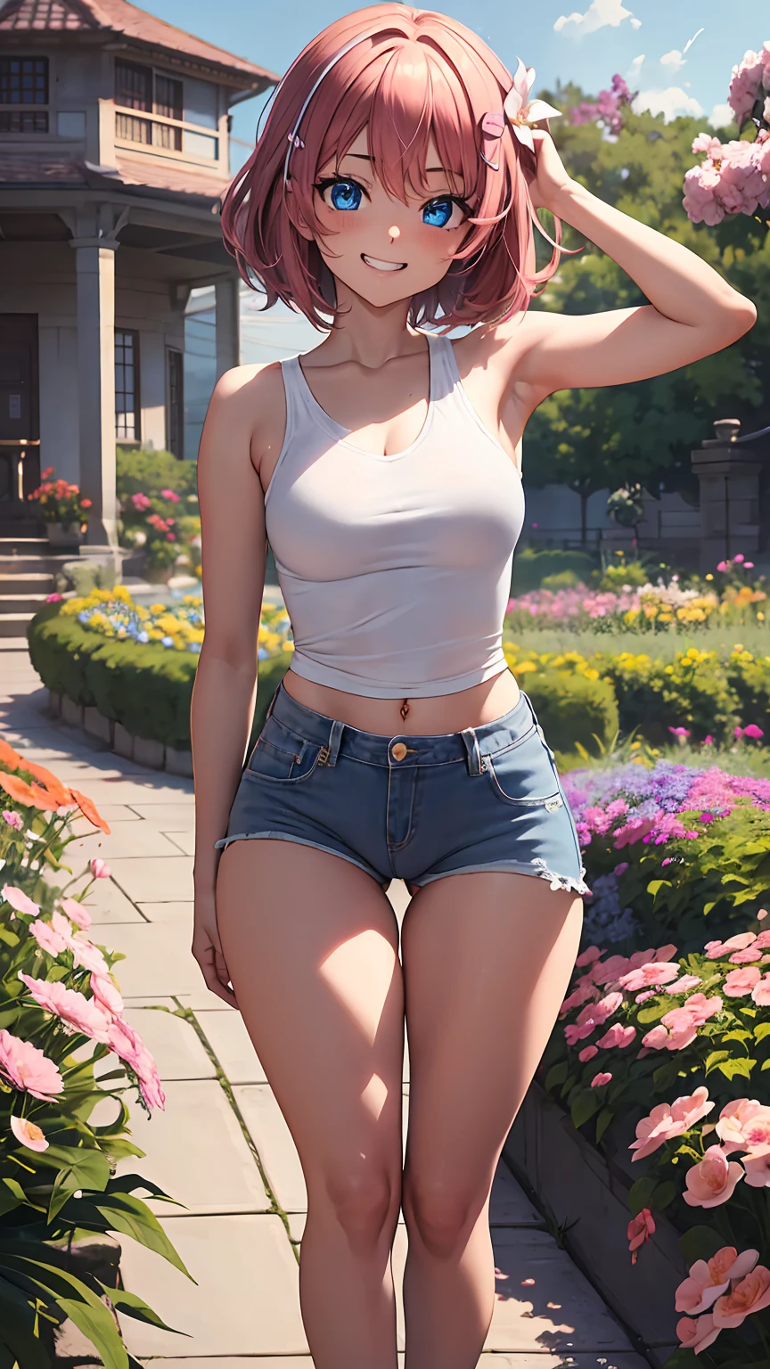 1girl, anime girl, anime, dark skin, 2d girl, 16y, (fullbody), standing, anime girl, blue eyes, grin, (short hair, pink hair, hair clip), casual shirt, Solo, Slim, medium Breasts, sfw, Tight Shorts, low waist shorts, upshorts, the garden background, flowers, afternoon sky, looking at viewer, darker shadows, (((explicit))), (((shorts))), (((absurdres))), (((thigh gap))), cameltoe, (((cameltoe))), (((cleft of venus))), (((sleeveless))),