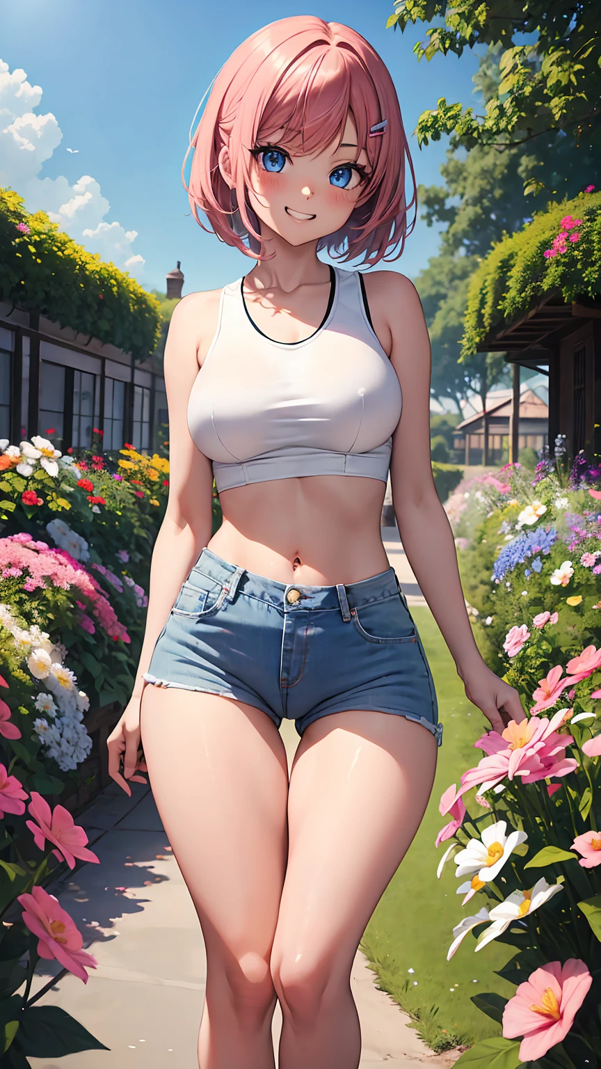 1girl, anime girl, anime, dark skin, 2d girl, 16y, (fullbody), standing, anime girl, blue eyes, grin, (short hair, pink hair, hair clip), casual shirt, Solo, Slim, medium Breasts, sfw, Tight Shorts, low waist shorts, upshorts, the garden background, flowers, afternoon sky, looking at viewer, darker shadows, (((explicit))), (((shorts))), (((absurdres))), (((thigh gap))), cameltoe, (((cameltoe))), (((cleft of venus))), (((sleeveless))),