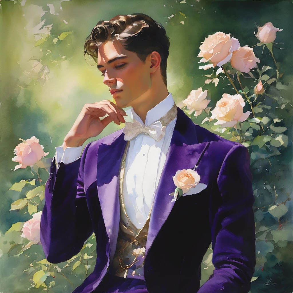 Create a watercolor painting of a young man inspired by the characteristics of the rose 'The Prince.' The male model, standing in a poised and regal posture, with one hand lightly touching his chin and the other resting by his side, evokes a sense of deep contemplation and elegance. He is dressed in a deep, rich velvet jacket in dark purple or crimson, adorned with intricate embroidery and layered over a crisp white shirt, complemented by dark tailored trousers and polished black shoes. His clothing reflects the complex, multi-petaled structure of the rose, with detailed textures and luxurious fabrics.

The composition places the model slightly off-center, allowing for a view of a lush garden background with glossy green leaves and hints of blooming roses, creating a natural yet sophisticated setting. Soft, diffused colors highlight the model's features and clothing, with gentle washes and gradients that add depth and dimension to the painting. The overall atmosphere is one of quiet intensity and refined elegance, with a subtle hint of romanticism.

The painting captures the model at eye level with a slight upward angle to emphasize his regal presence, using delicate brushstrokes and layered washes to achieve a soft, dreamlike quality. The artist uses a palette of rich, deep colors for the clothing and model, contrasting with the muted greens and soft pastels of the background to ensure the model stands out sharply against the softly blurred garden.

For inspiration, consider the works of watercolor artists like John Singer Sargent, known for his ability to capture elegance and refinement with delicate brushwork, and contemporary artist Stephanie Law, whose use of lush, dreamlike settings and intricate details complements the theme perfectly.