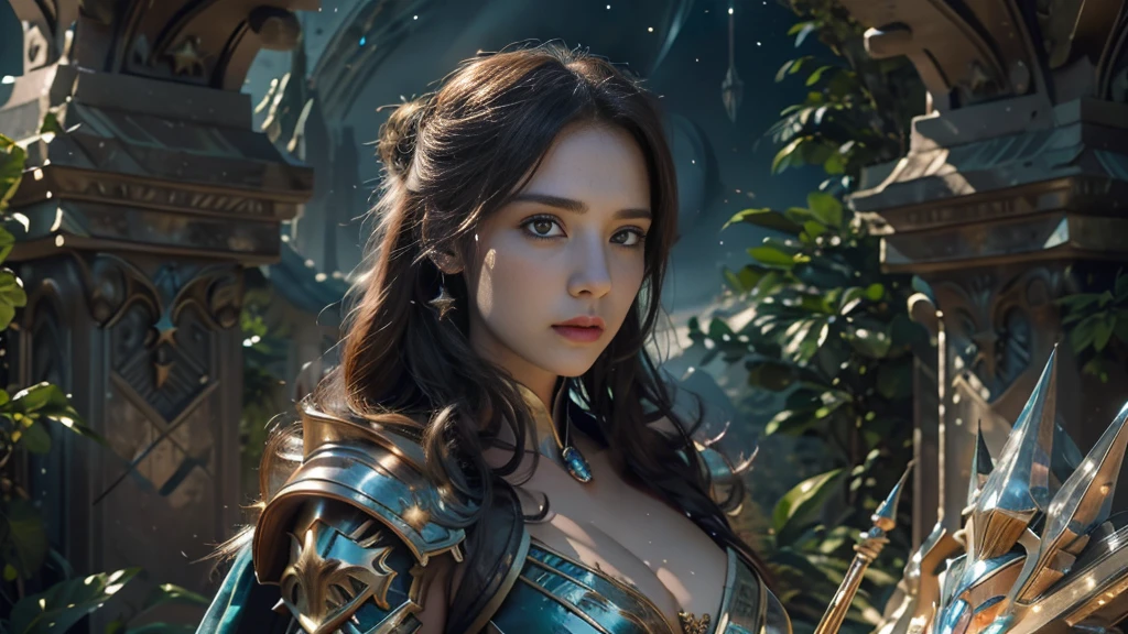 masterpiece, rest, best quality, Very detailed, Super real, 16K, high resolution, castle，jungle, ((Starry Sky)),Female Mage，Gorgeous armor，Complex Mode，Large Breasts，Pretty Face，Closed mouth，dramatic，Half-length photo，Glowing scepter