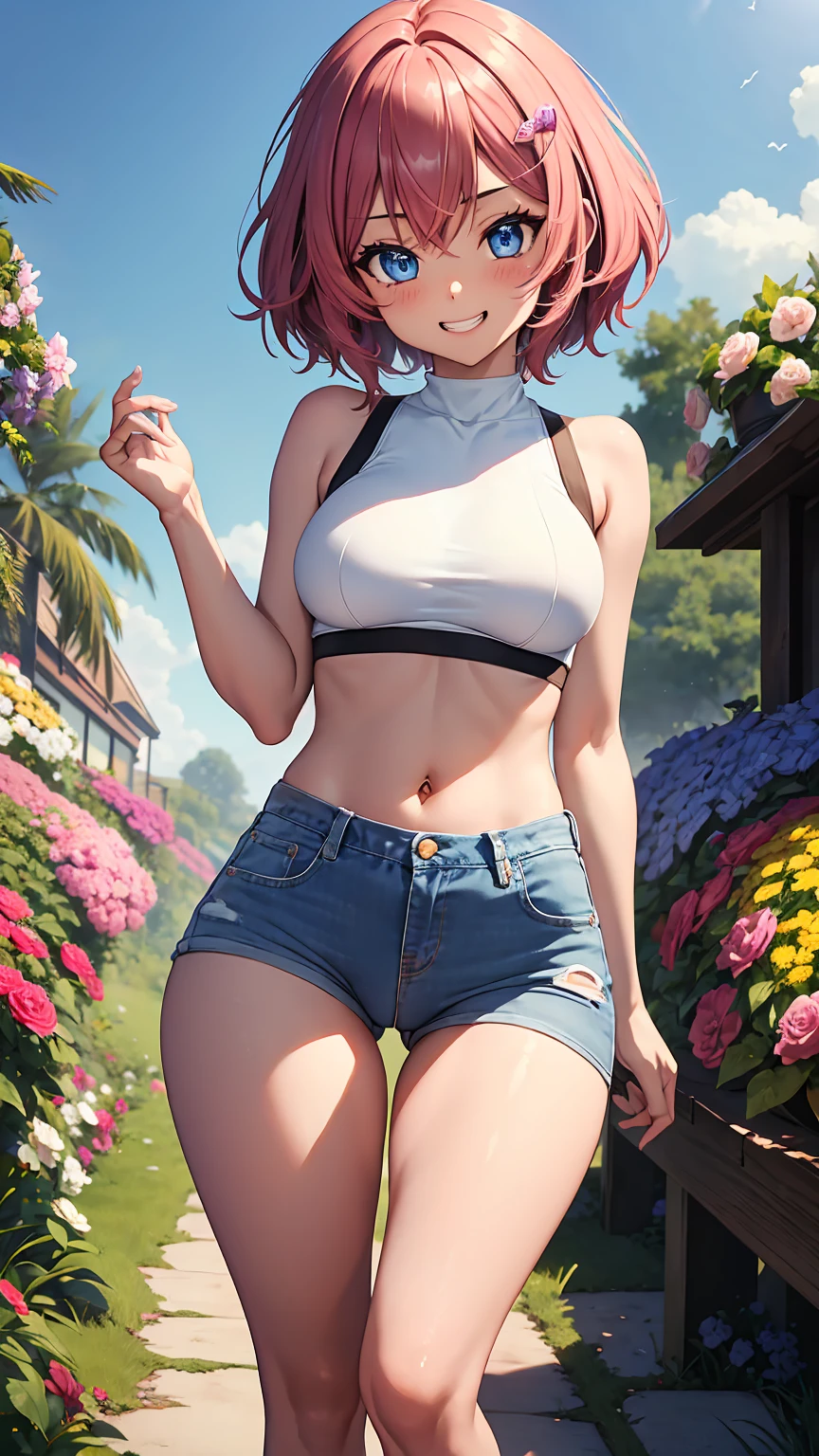 1girl, anime girl, anime, (dark skin), 2d girl, 16y, (fullbody), standing, anime girl, blue eyes, grin, (short hair, pink hair, hair clip), casual shirt, Solo, Slim, medium Breasts, sfw, Tight Shorts, low waist shorts, upshorts, the garden background, flowers, afternoon sky, looking at viewer, darker shadows, (((explicit))), (((shorts))), (((absurdres))), (((thigh gap))), cameltoe, (((cameltoe))), (((cleft of venus))), (((sleeveless))),