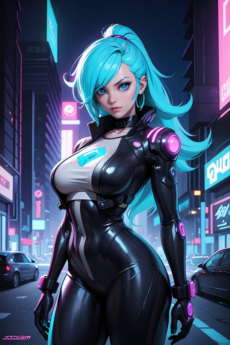 una pintura digital de una mujer con cabello azul, arte cyberpunk de Josan González, ganador del concurso de comportamiento, afrofuturism, onda sintetizada, neón, glowing neón