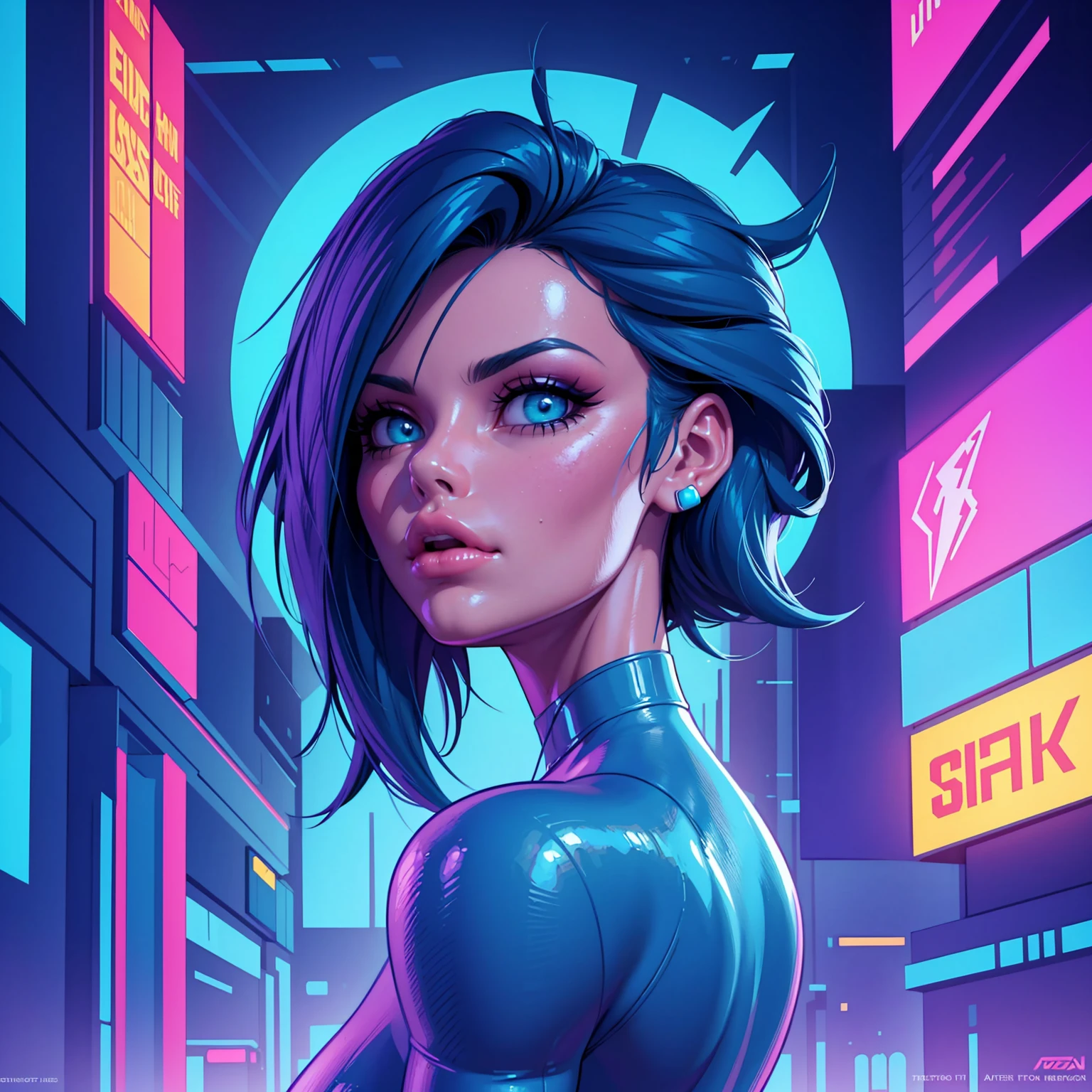 una pintura digital de una mujer con cabello azul, arte cyberpunk de Josan González, ganador del concurso de comportamiento, afrofuturism, onda sintetizada, neón, glowing neón