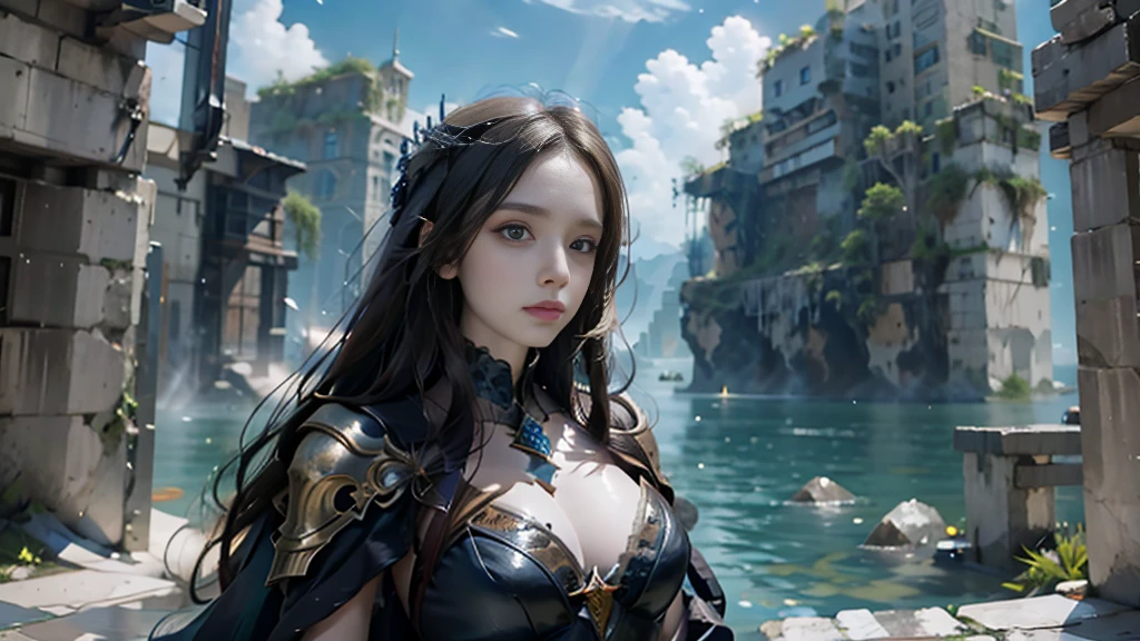 masterpiece, rest, best quality, Very detailed, Super real, 16K, high resolution, castle，jungle, ((Starry Sky)),Female Mage，Gorgeous armor，Complex Mode，Large Breasts，Pretty Face，Closed mouth，dramatic，Half-length photo，Glowing scepter