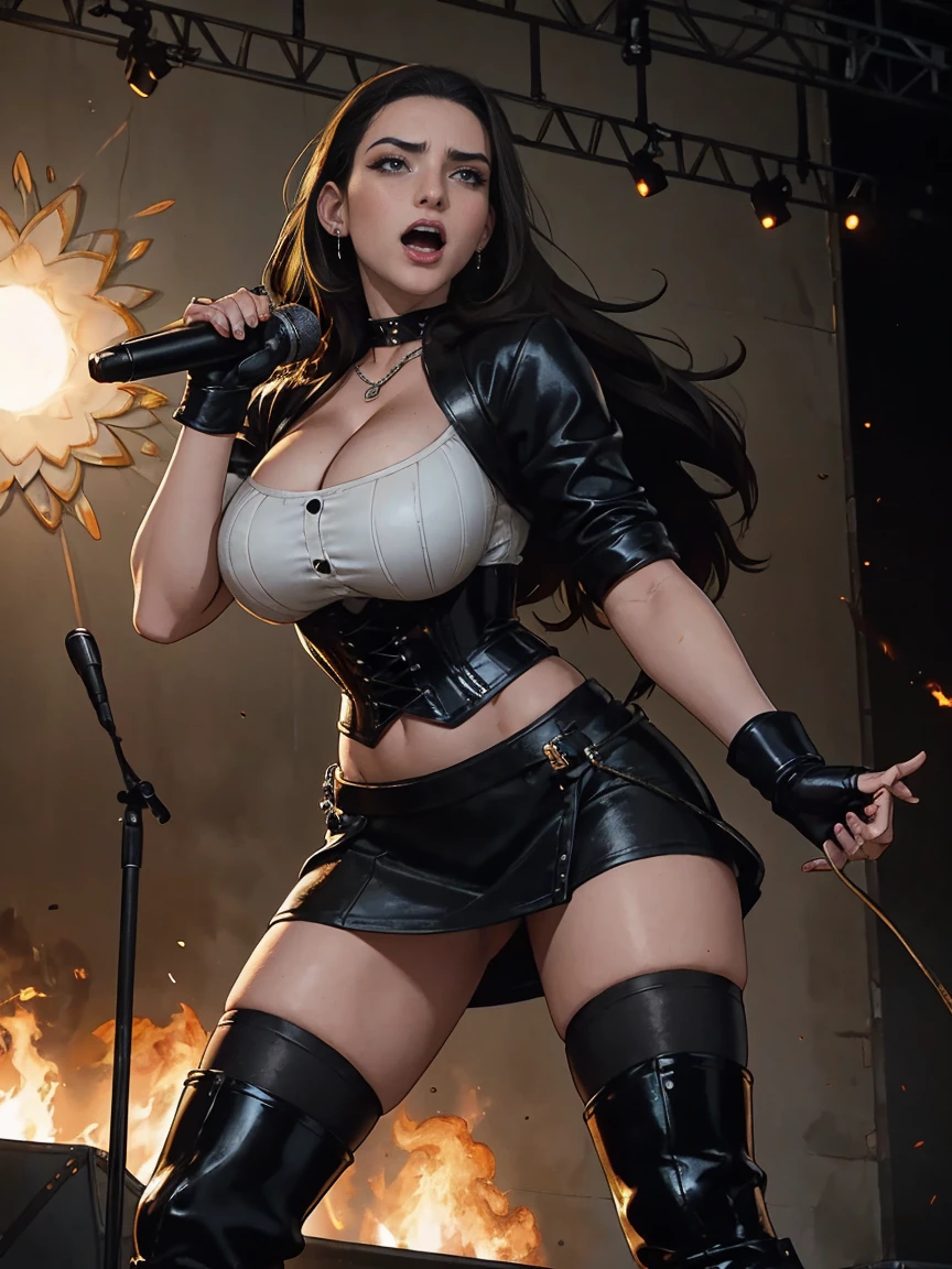 Extremely busty thin and toned brunette death metal singer, college girl, fair skin, big hair, hair pulled back, soft face, athletic, heavy makeup, piercings, black leather, studs, corset, boots, fingerless gloves, tight skirt, chains. standing on a stage, pyrotechnics, holding a microphone, metal concert. (microphone, fist in the sky), angry, rage, screaming. Heavy metal. Death metal. Explosions, fire.