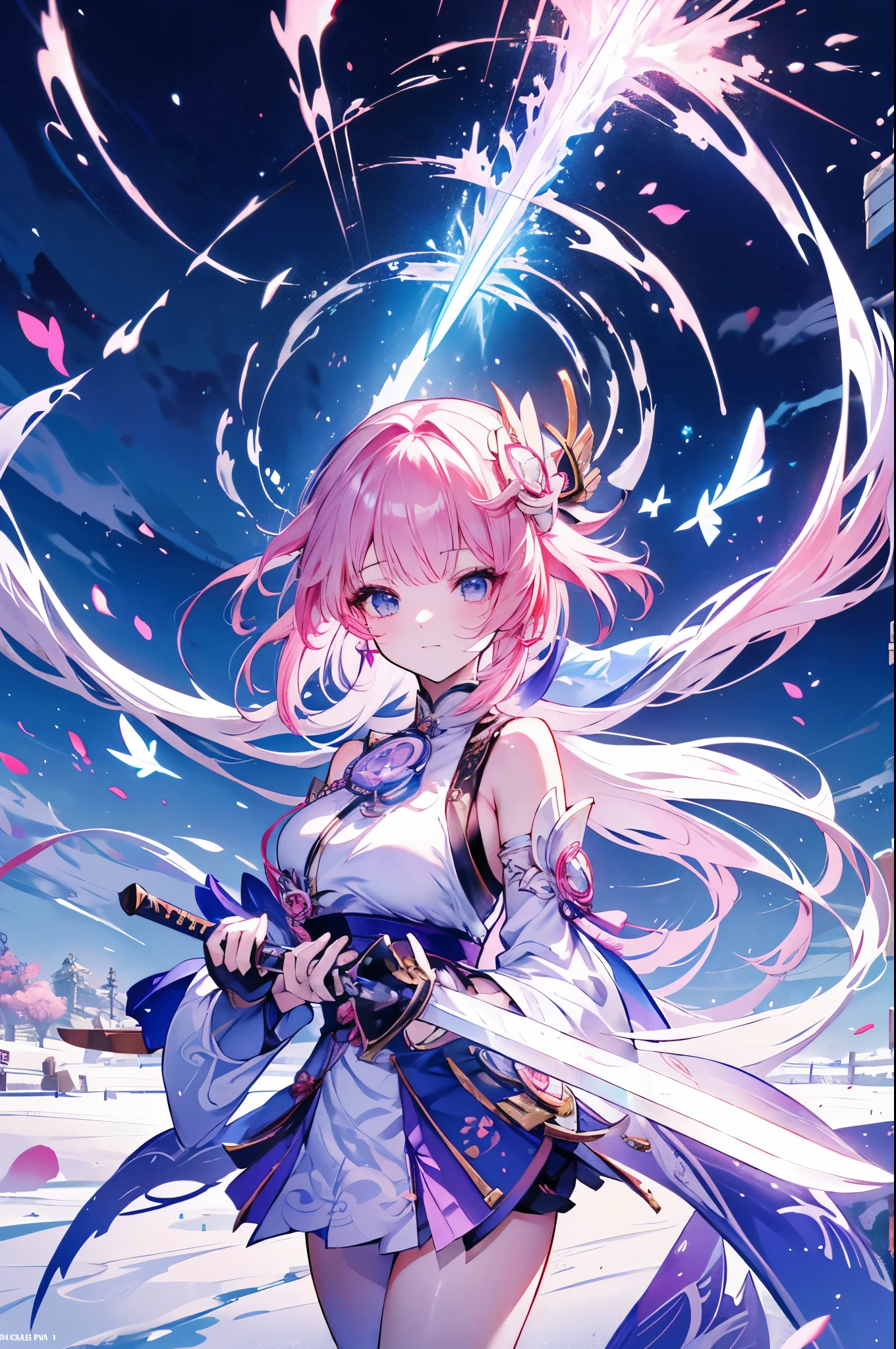 extremely details, perfect, Aerial view, like a work of art, anime girl holding an ice and snow sword, pink hair and long purple skirt complement each other, looking at the distant Ayaka Genshin, taking us to the world of Genshin.