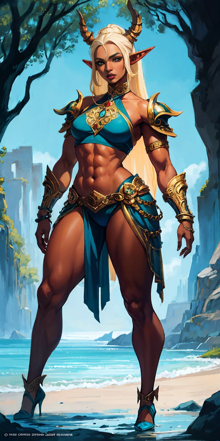 Extremely detailed Artgerm style: This sets the overall artistic style with a high level of detail. Fantasy art: This specifies the genre. Goddess of the treen forest: This defines the character's role and gives context to the setting. Woman with long, elf ears: This incorporates the elf features. Black skin: This specifies the character's race. Ornate bikini armor: This combines the skimpy clothing with a fantastical, protective element. Blue high heels standing straight symmetrical: This suggests the color of the bikini and potentially the water body. Long, messy blonde hair: This adds a detail that contrasts the Artgerm style, which is typically more polished for hair.