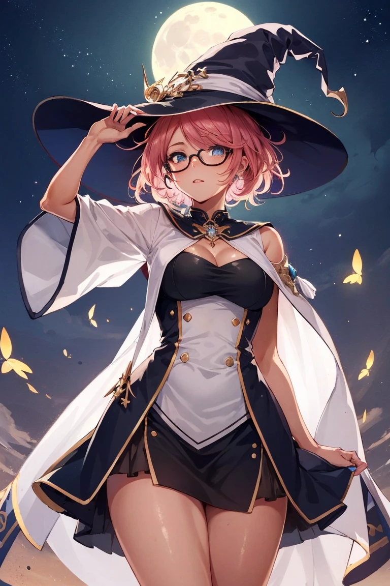 short beautiful women, chubby, plus size, tan skin, blue eyes, freckles all over body, short pixie cut hair, messy hair, pink hair, big round glasses, (shiny tan skin), solo, rating:questionable, cute pose, moon theme, looking stoic, witch's hat, magical, moth accessories,