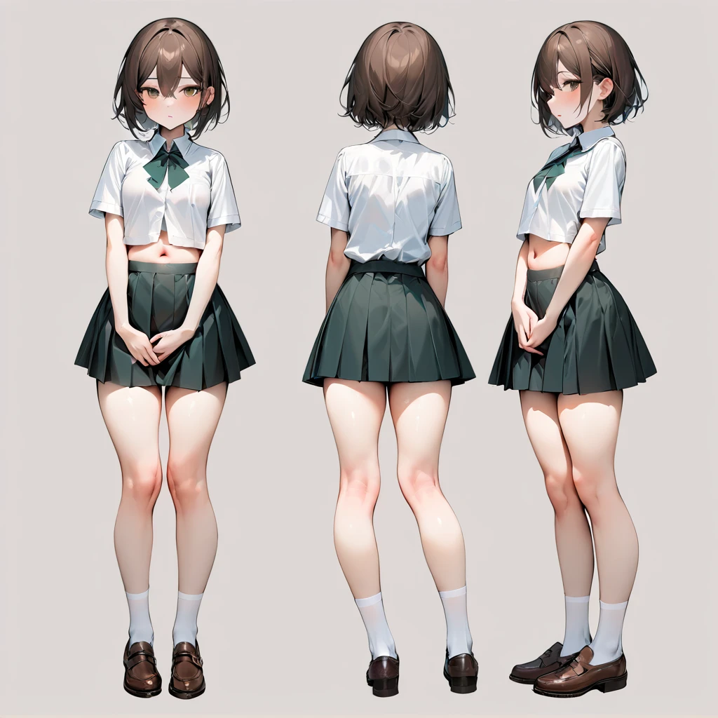 ((Masterpiece, plain background,1:2, masterpiece)) full body standing Catholic SCHOOL GIRL UNIFORM, BROWN SHOES, hands on waist, navel, hair between eyes, short hair