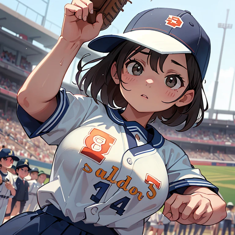 (highest quality, super high resolution, historical masterpiece) Beautiful baseball player (cute girl, 8 years old: 1.5) Baseball uniform with little fabric area, (loli big breasts, erect nipples that stand out even when clothed) (baseball cap, uniform with school name embroidered, delicately drawn clothes, mitt, jumping to catch a baseball) active pose, dynamic effect, dramatic composition, sunny rain, summer Koshien