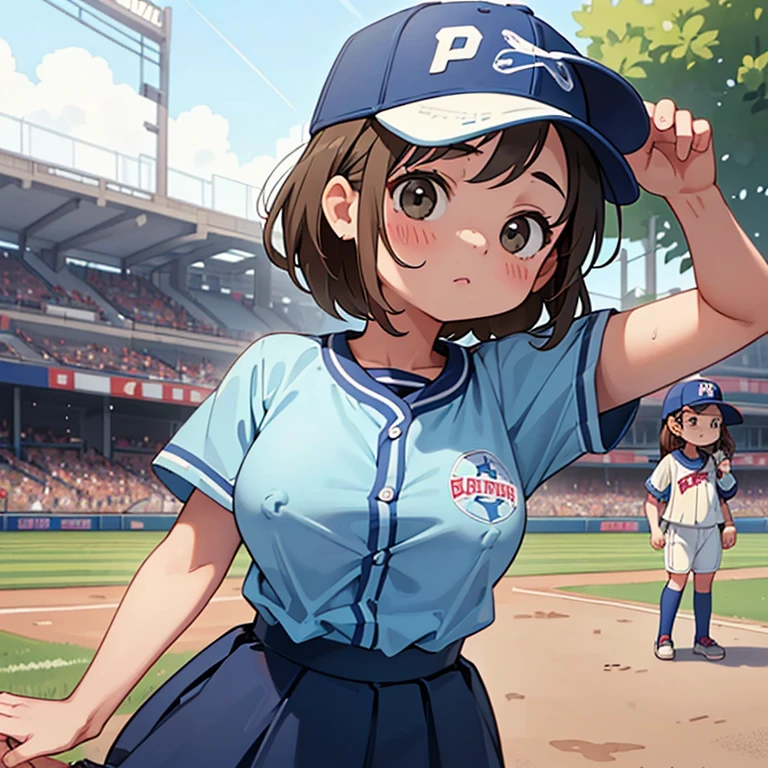 (highest quality, super high resolution, historical masterpiece) Beautiful baseball player (cute girl, 8 years old: 1.5) Baseball uniform with little fabric area, (loli big breasts, erect nipples that stand out even when clothed) (baseball cap, uniform with school name embroidered, delicately drawn clothes, mitt, jumping to catch a baseball) active pose, dynamic effect, dramatic composition, sunny rain, summer Koshien