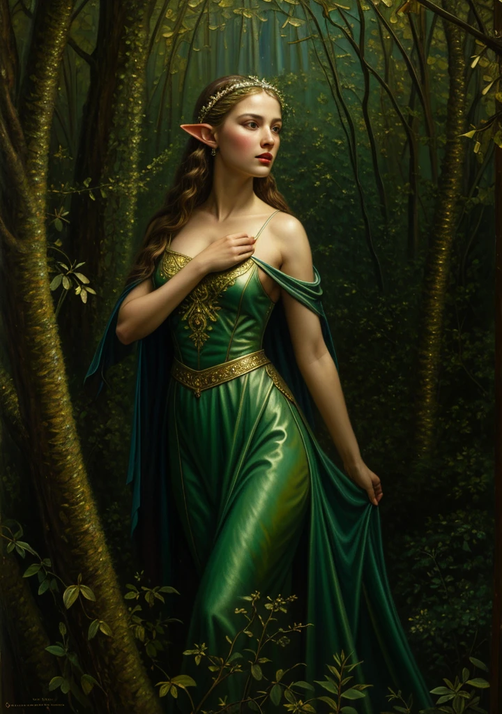 (masterpiece, best quality:1.2), (((oil painting:1.4))), 1girl, solo,  (masterpiece, ultra quality, high resolution, 8k, intricate: 1.2). female elf, looking at viewer, flowizng cloths and silver amor, the silent forested, mysterious, fantasy art, Donato Giancola, craig mullins, parth, masterful strokes legendary, high detail, masterpiece, detailed face, super detail, high details, high quality, award winning, best quality