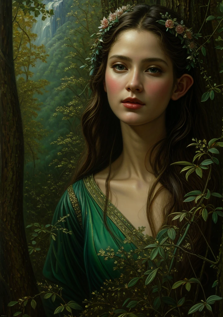 (masterpiece, best quality:1.2), (((oil painting:1.4))), 1girl, solo,  (masterpiece, ultra quality, high resolution, 8k, intricate: 1.2). female elf, looking at viewer, flowizng cloths and silver amor, the silent forested, mysterious, fantasy art, Donato Giancola, craig mullins, parth, masterful strokes legendary, high detail, masterpiece, detailed face, super detail, high details, high quality, award winning, best quality