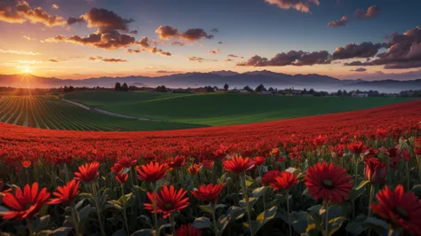 masterpiece , best quality ,sunset, field , red flower , big flower,realistic,