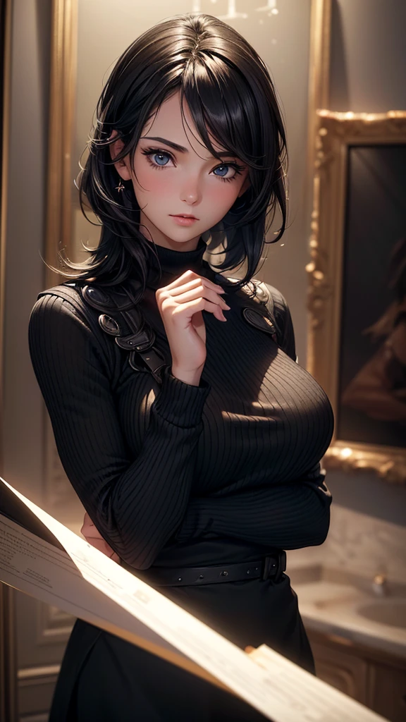 (work of art:1.3), (8K, photorrealistic, CRU photo, best qualityer: 1.4), (1 girl), beautiful  face, (lifelike face), (Bblack hair, shorth hair:1.3), beautiful hairstyle, realisticeyes, beautiful detailed eyes, (realisic skin), beautiful fur, (Sweater), absurderes, appealing, ultra high resolution, ultra realistic, highy detailed, golden ratio