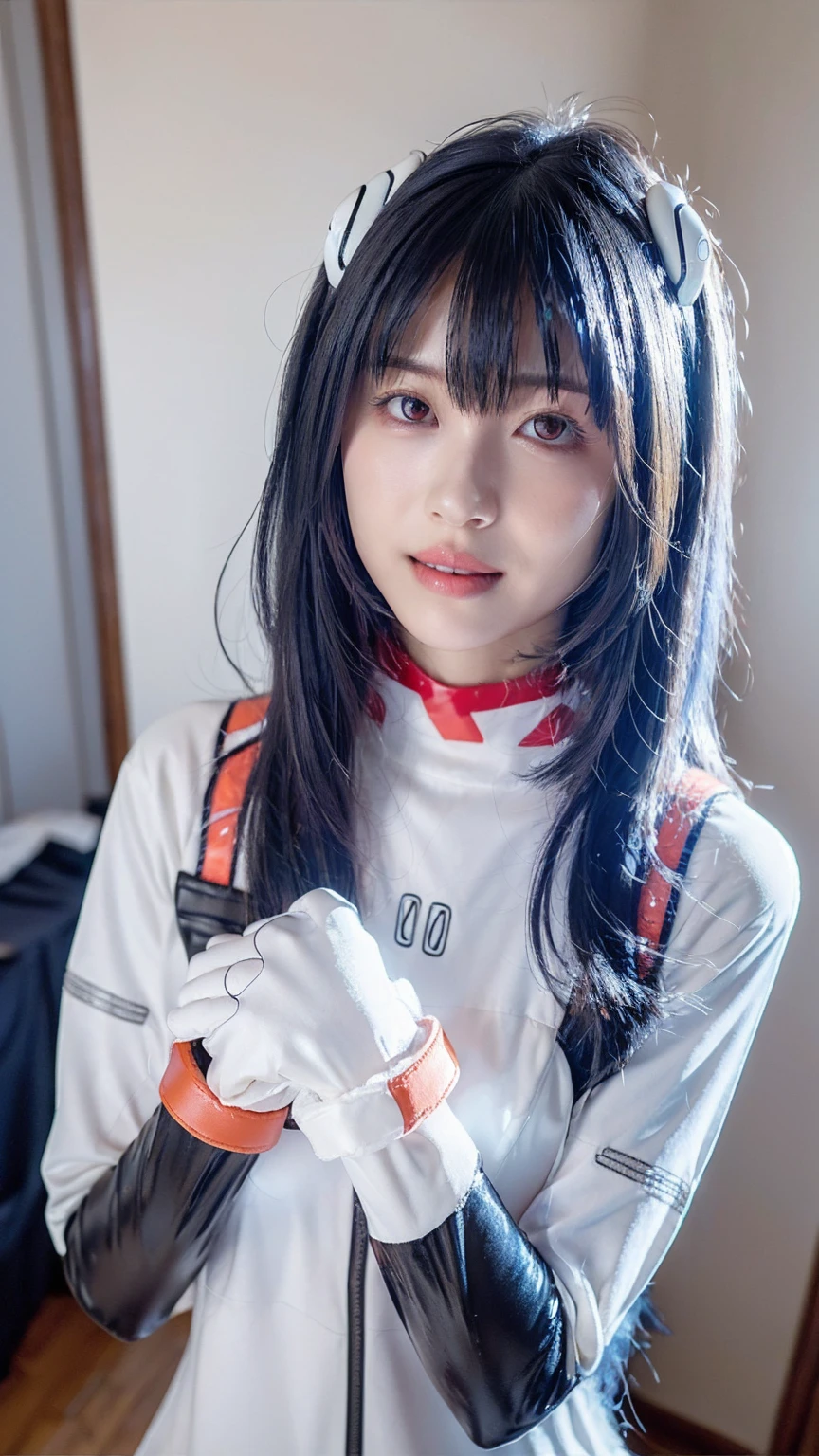 (One Girl:1.3), Japanese high school students, Great face and eyes, Looking into the camera, A joyful smile、Showing teeth、 (Highest quality:1.4), Very detailed CG 統合 8k 壁紙, Very detailed, 高解像度のRAWカラーphotograph, プロのphotograph撮影, Realistic full body shot, Studio shot、Portrait of sexy girl, Open exterior, Ultra-high resolution,Highest quality,photograph,4K,(Realistic:1.2),One Girl,:d,ayanami_Cosplay_Costumes,Plug Suit,Blue Hair,Ayanami Rei,Pilot Suit,Cosplay,Interface Headset,Hair Pod,gloves,Braces,Perfect fit for your skin,slim