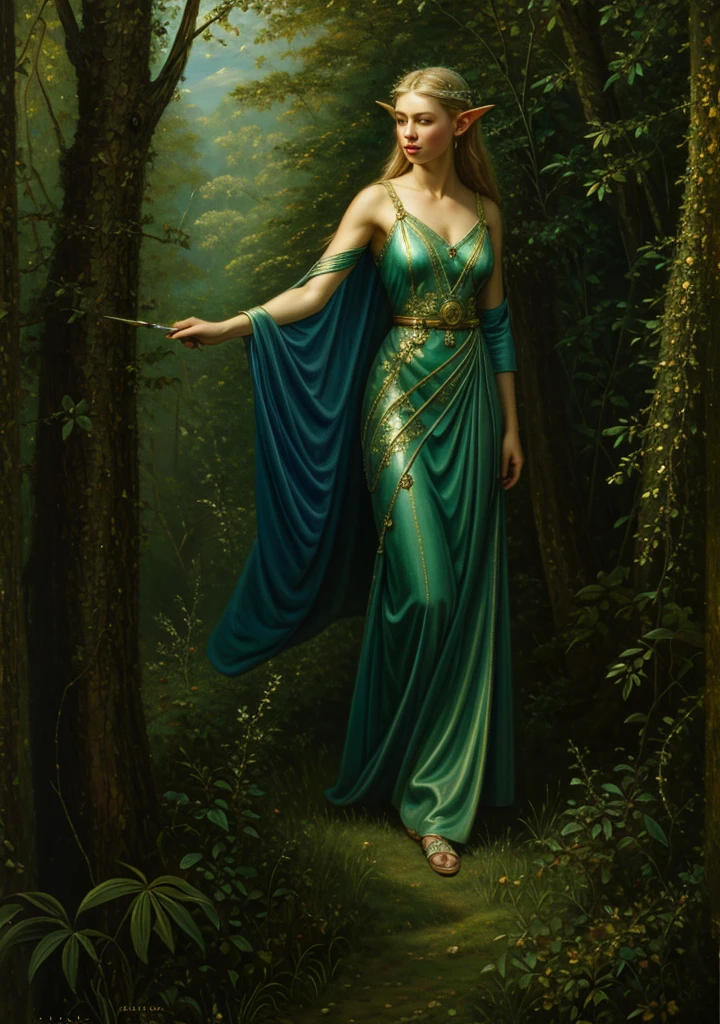 (masterpiece, best quality:1.2), (((oil painting:1.4))), 1girl, solo,  (masterpiece, ultra quality, high resolution, 8k, intricate: 1.2). female elf, looking at viewer, flowizng cloths and silver amor, the silent forested, mysterious, fantasy art, Donato Giancola, craig mullins, parth, masterful strokes legendary, high detail, masterpiece, detailed face, super detail, high details, high quality, award winning, best quality