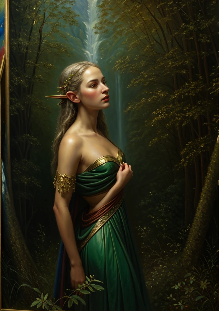 (masterpiece, best quality:1.2), (((oil painting:1.4))), 1girl, solo,  (masterpiece, ultra quality, high resolution, 8k, intricate: 1.2). female elf, looking at viewer, flowizng cloths and silver amor, the silent forested, mysterious, fantasy art, Donato Giancola, craig mullins, parth, masterful strokes legendary, high detail, masterpiece, detailed face, super detail, high details, high quality, award winning, best quality